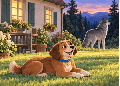 Dog comfortable in yard, wolf looking toward forest.