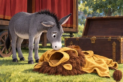 Grey donkey finding golden fabric lion costume beside theatre trunk.