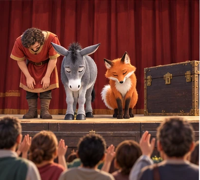 Donkey, one actor and fox bowing beside closed curtain and trunk.
