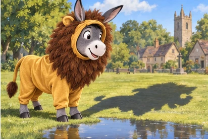 Donkey wearing fabric lion costume, donkey hooves and ears plausible.