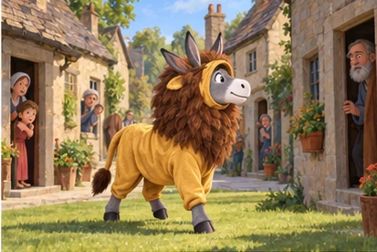 Costumed donkey on green, villagers watching from safe doorways.