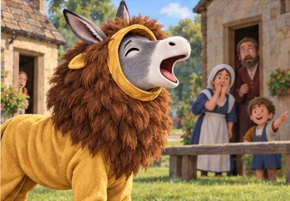 Donkey braying through costume opening, villagers recognising him.