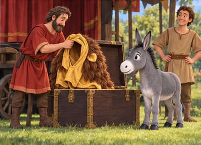 Caretaker accepting costume beside theatre trunk, donkey attentive.