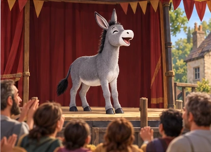Donkey performing as himself on safe low stage, smiling audience.
