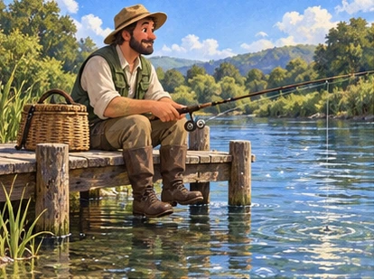 Fisher waiting on wooden jetty beside clear river with basket.