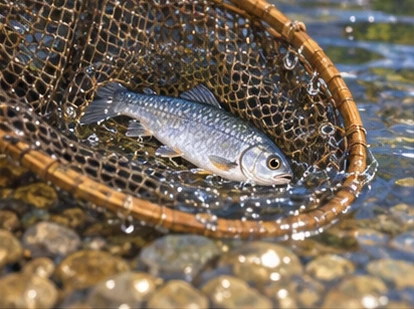 Small silver fish in wet shallow net close to water.