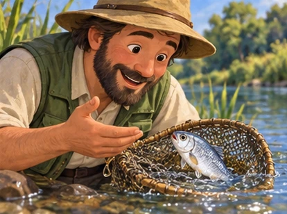 Fisher talking gently to lively small fish near river.