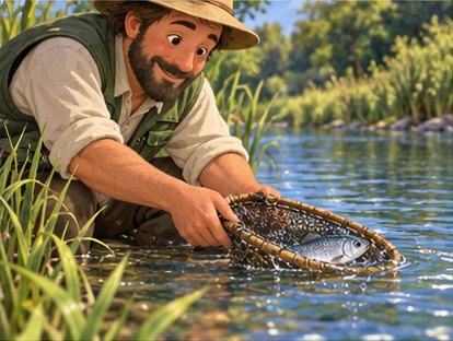 Fisher deciding release while fish remains wet near surface.