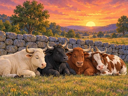 Four oxen resting safely by farm wall at sunset.