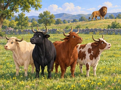 Four oxen standing heads outward, distant lion beyond field edge.