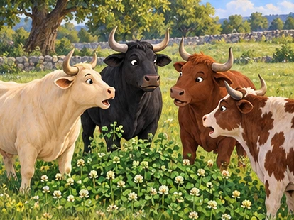 Four oxen arguing gently around clover patch.