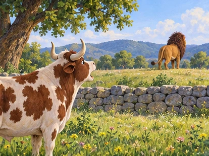 Spotted ox calling, distant lion safely beyond stone wall.