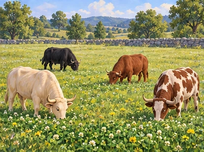 Distinct oxen grazing within sight, spacious peaceful meadow.