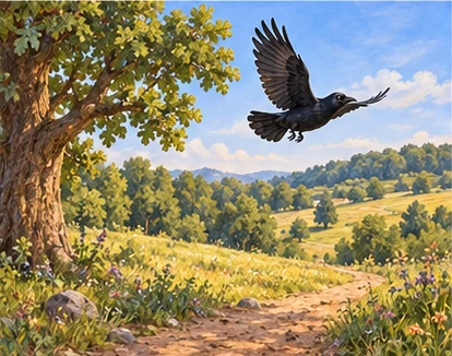 Crow flying into sunny meadow, oak receding behind.