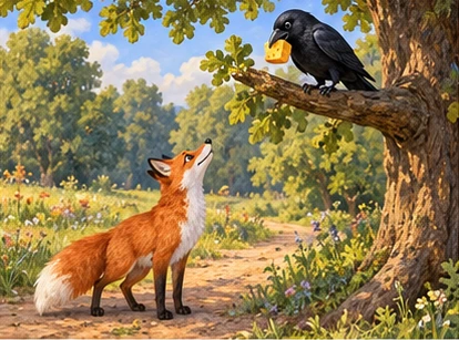 Fox looking up at crow holding cheese on oak branch.