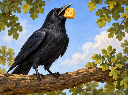 Crow proudly raising head with cheese still held securely.