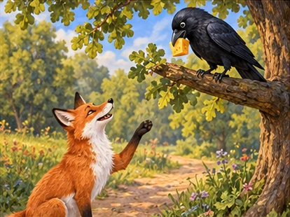 Fox gesturing politely up toward attentive crow.