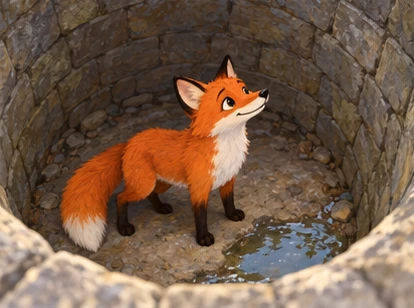Fox standing unharmed on broad dry well bottom beside little water.