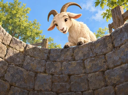 Goat safely looking down from stone well rim at fox.