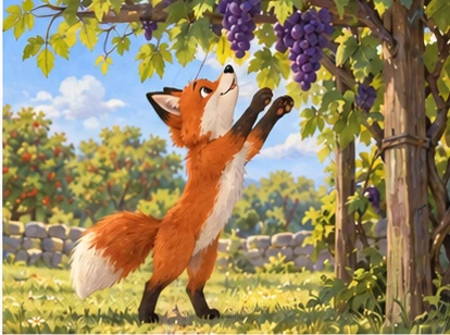 A fox stretches up on its hind paws below a bunch of grapes.