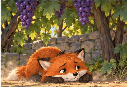 A tired fox rests below the grape bunch with dust near its paws.