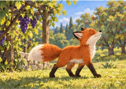 Fox walking away with raised nose, grapes visible behind.