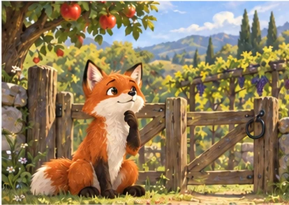 Fox pausing thoughtfully by orchard gate, grape vine behind.