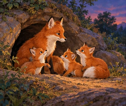 Fox family listening near den at dusk, no lion contact.
