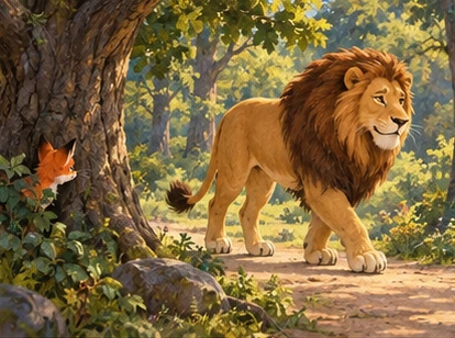 Lion calmly passing while fox peeks from supported tree base.