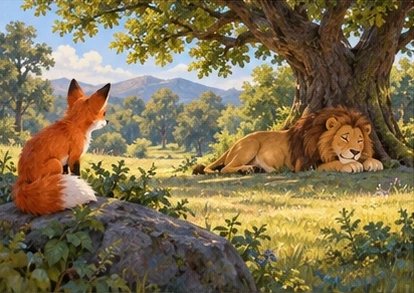 Fox observing resting lion from safe distance across clearing.