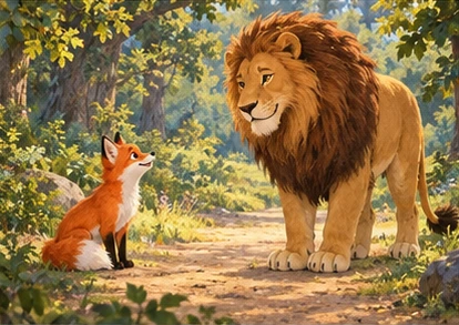 Lion and fox exchanging polite nod across forest path.