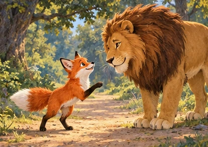 Fox greeting lion politely from path edge.