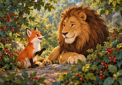 Lion and fox chatting about forest paths near berry bushes.