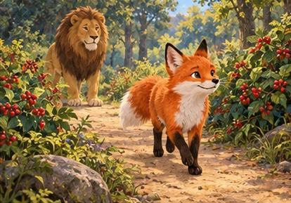 Fox walking confidently down berry trail, lion remaining behind.