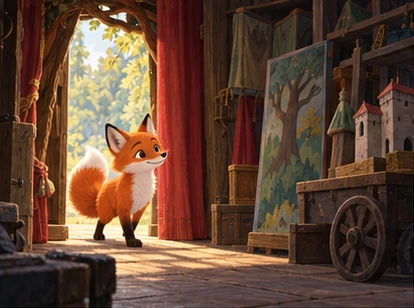 Orange fox entering empty woodland theatre with props.