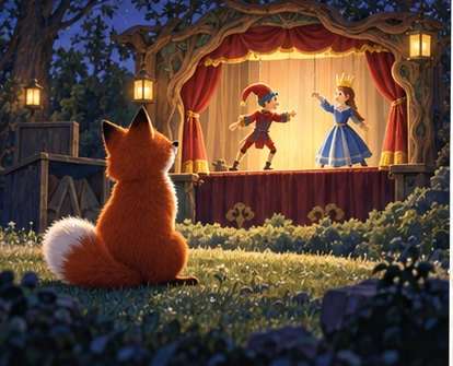 Fox enjoying puppet show from grass in evening.