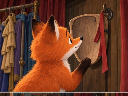 Fox noticing ribbon and hook behind hanging mask.