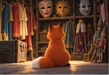 Fox surveying masks costumes and puppets thoughtfully.