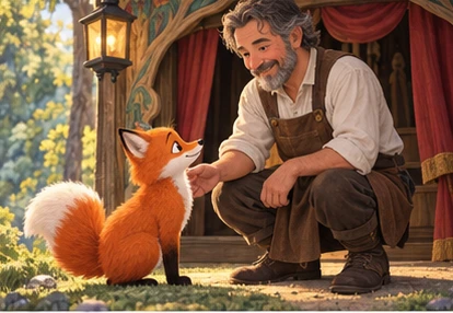 Fox meeting friendly adult caretaker outside theatre.