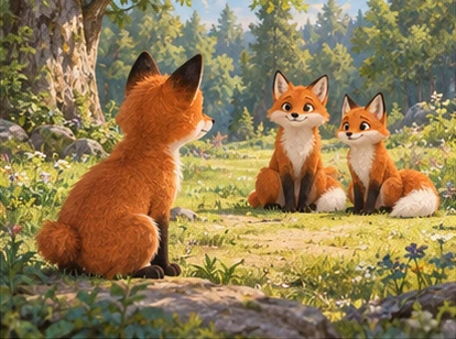 Short-tailed fox alone while full-tailed friends wait in clearing.