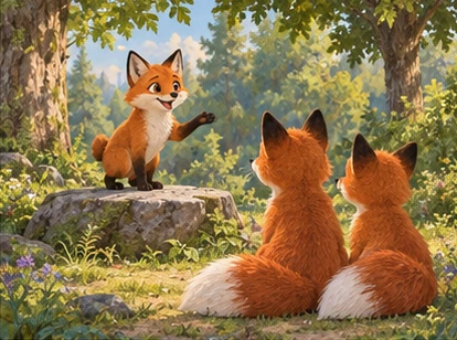 Short-tailed fox speaking from flat stone to fox friends.