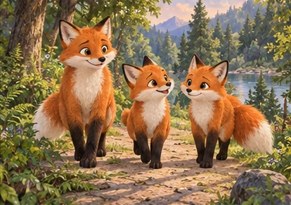 Three foxes walking forest path with varied natural tail lengths.