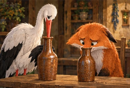 Stork eating from tall jar; fox muzzle cannot enter second jar.