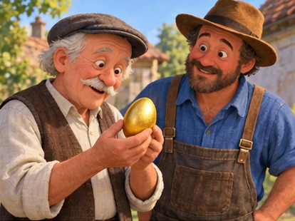 Neighbour examining golden egg while farmer watches.