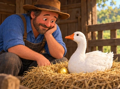 Farmer looking thoughtfully at white goose beside straw nest.