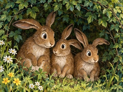 Three nervous hares sheltering under meadow hedge.