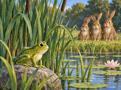 Hares sitting still while frog emerges near reeds.