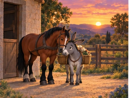 Horse and donkey together peacefully beside stable at sunset.