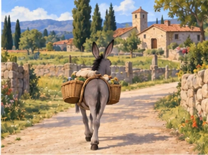 Donkey walking steadily toward farm with simple baskets.