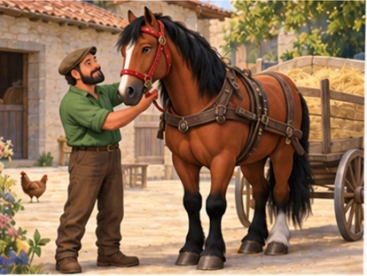 Farmer welcoming horse beside light hay cart on farm.